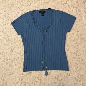 August Silk Knit Cap Sleeve Top Lace Up Tie Beaded Feathers Blue Scoop Grommet